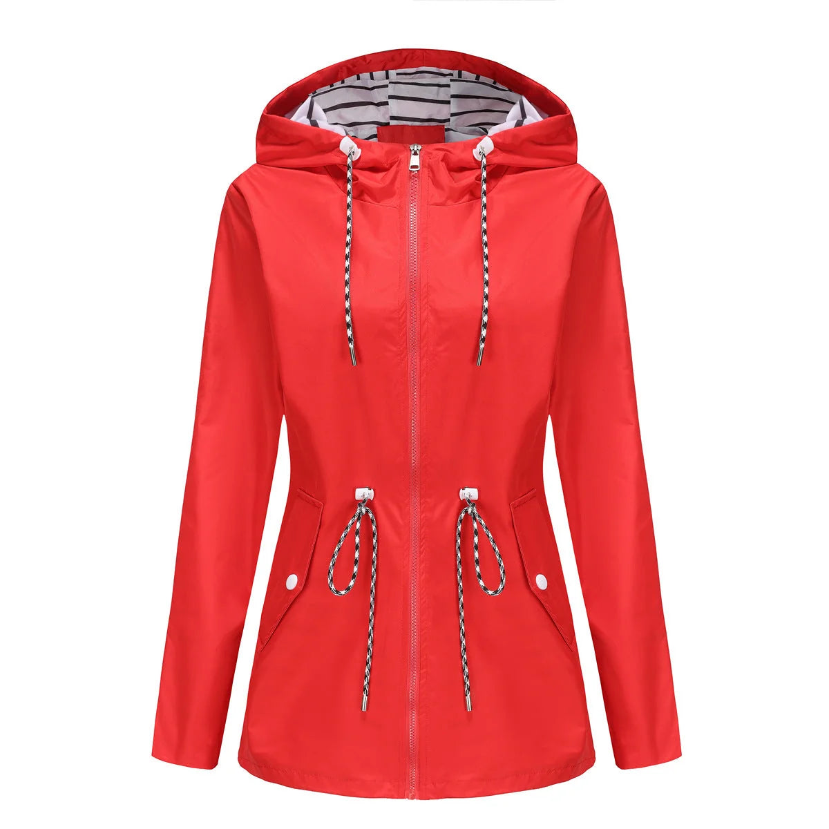 Red Women's Rain Jacket With Hood — Scarlett Everyday Waterproof Parka - Flatlay Front