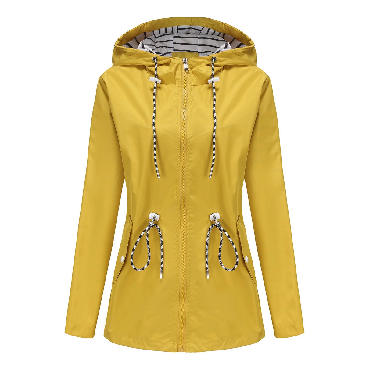 Yellow Women's Rain Jacket With Hood — Scarlett Everyday Waterproof Parka - Flatlay