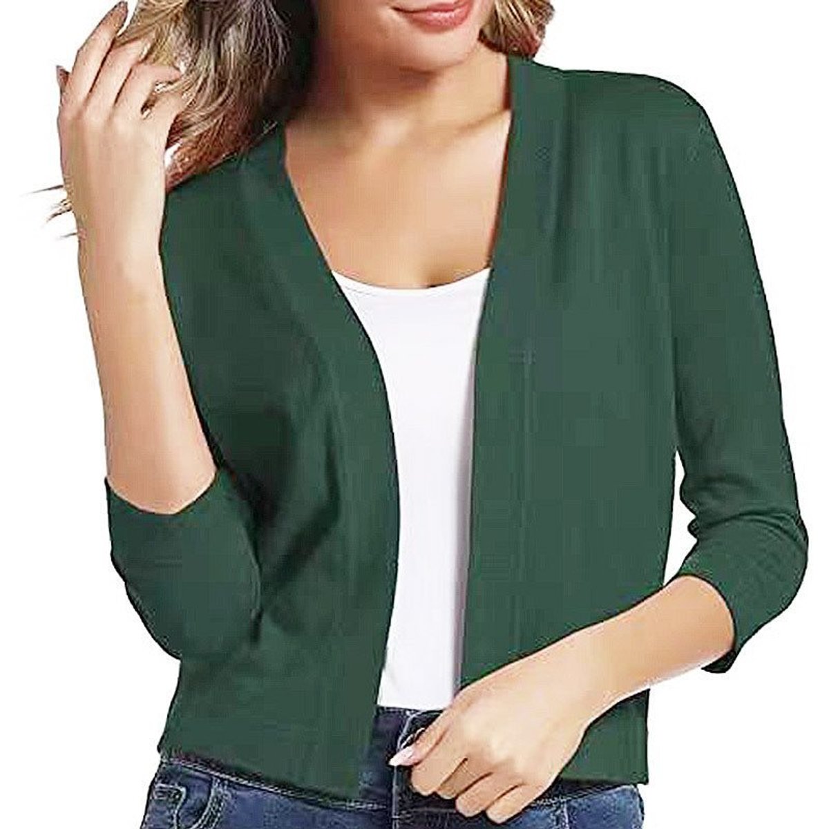 Women's Open Front Cropped Cardigan with Lightweight Stretch Knit & 3/4 Sleeves — Melissa