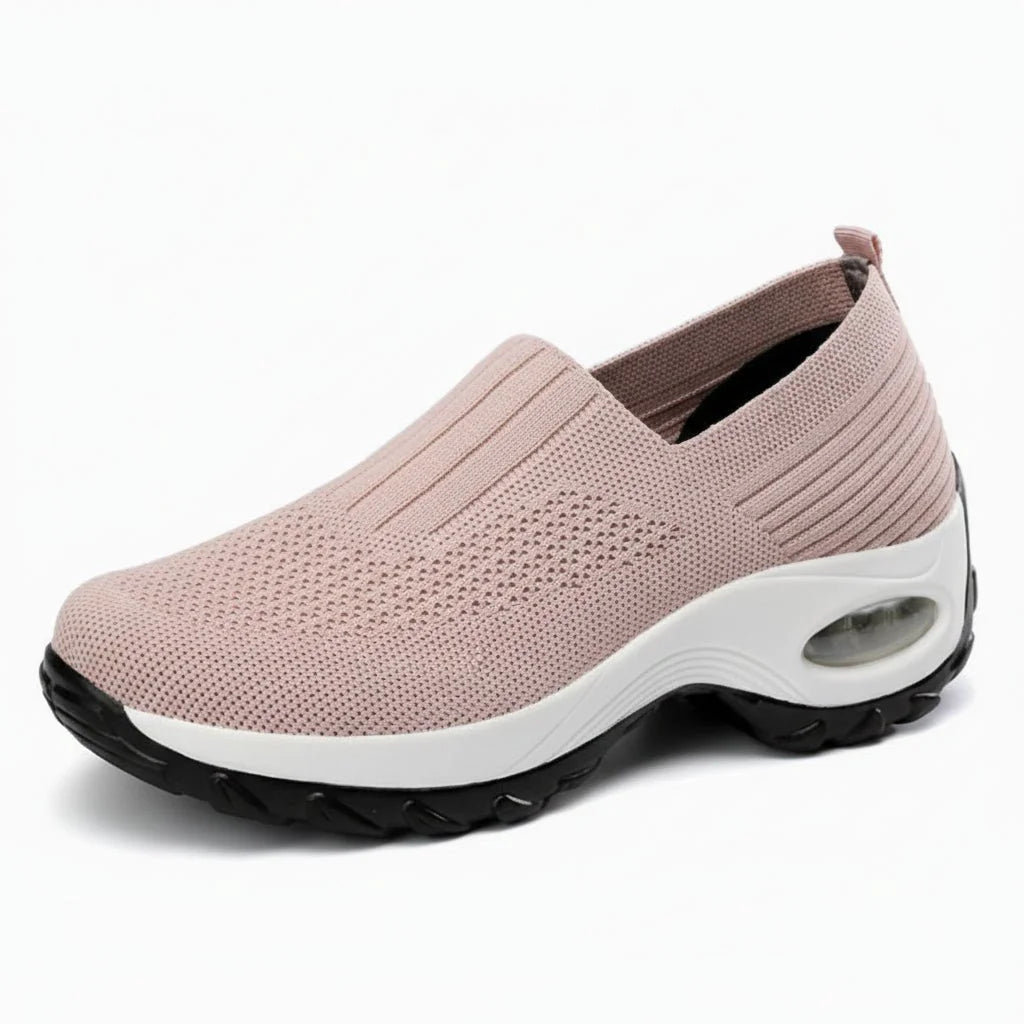 Beige Women's Slip-On Shoes with Cushioned Platform Sole & Breathable Knit Design - Studio Side Profile