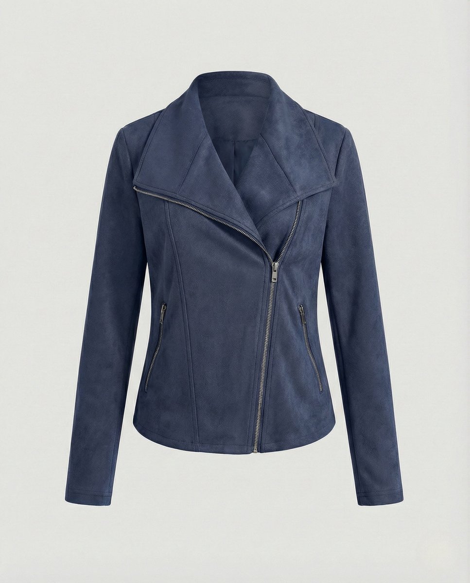 Women's Asymmetric Zip Biker Jacket with Wide Collar & Zip Pockets — Juliet