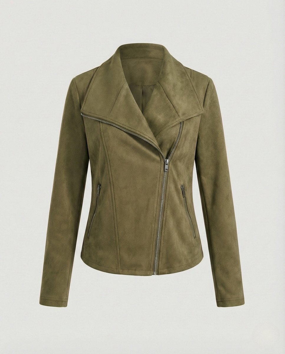 Women's Asymmetric Zip Biker Jacket with Wide Collar & Zip Pockets — Juliet