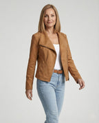 Women's Asymmetric Zip Biker Jacket with Wide Collar & Zip Pockets — Juliet