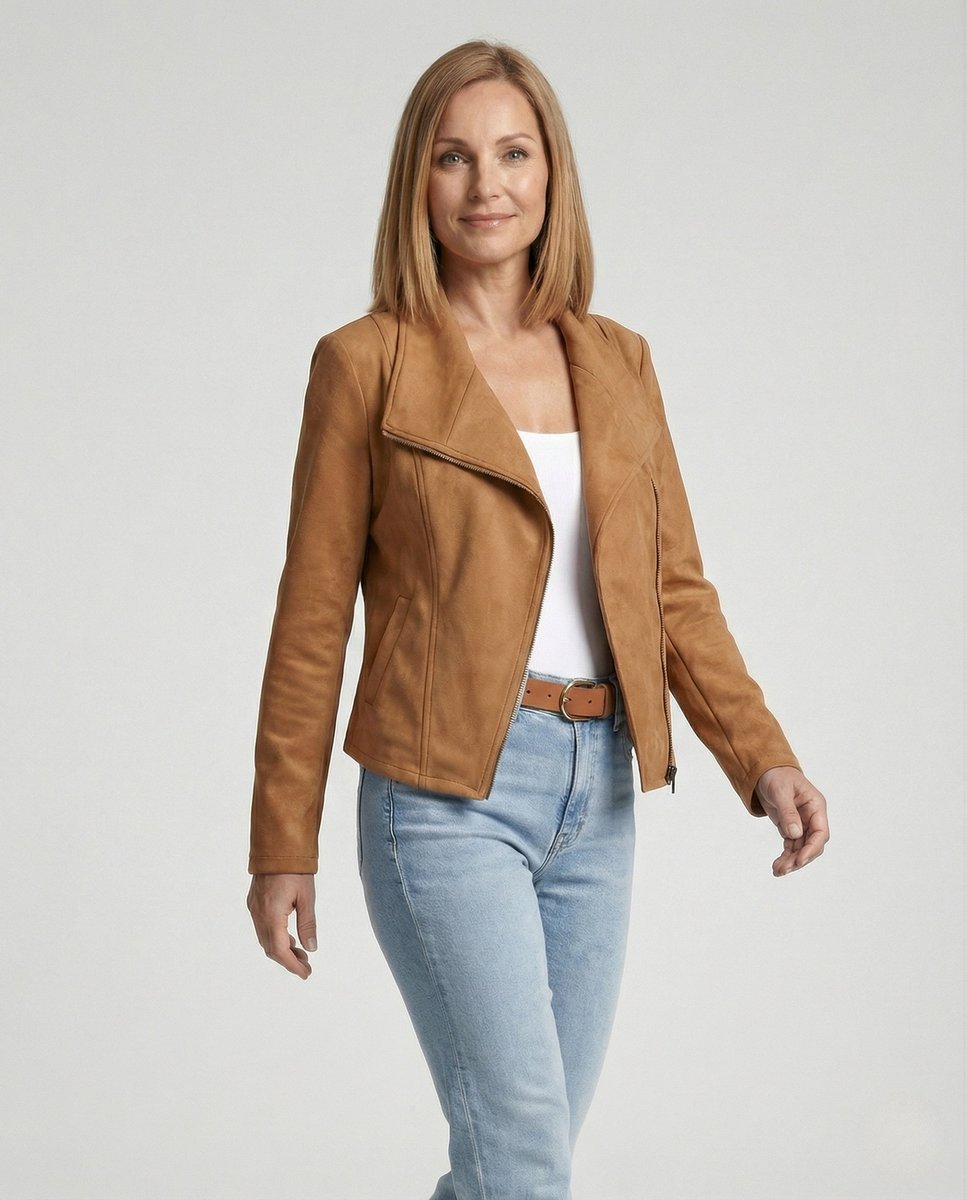 Women's Asymmetric Zip Biker Jacket with Wide Collar & Zip Pockets — Juliet