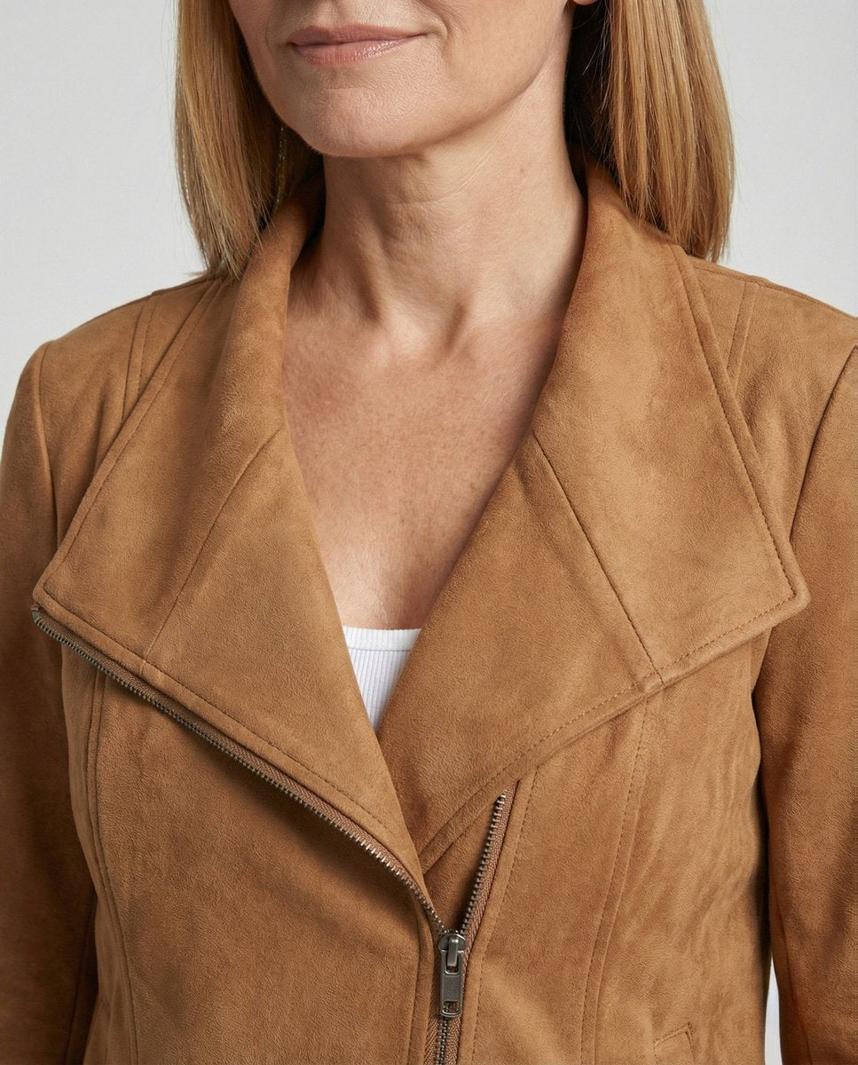 Women's Asymmetric Zip Biker Jacket with Wide Collar & Zip Pockets — Juliet