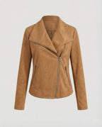 Women's Asymmetric Zip Biker Jacket with Wide Collar & Zip Pockets — Juliet