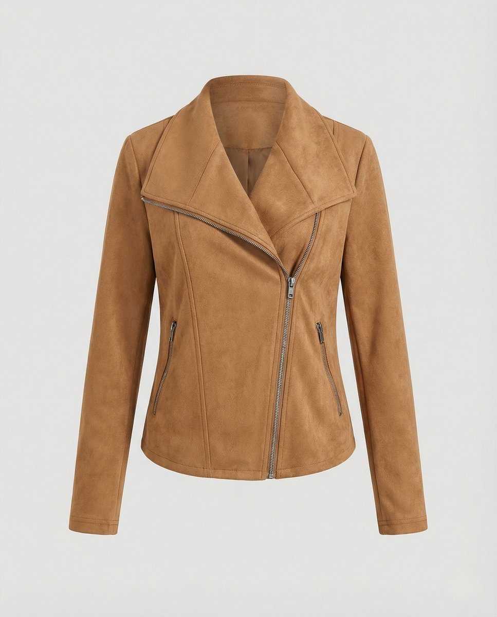 Women's Asymmetric Zip Biker Jacket with Wide Collar & Zip Pockets — Juliet