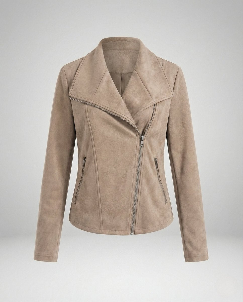 Women's Asymmetric Zip Biker Jacket with Wide Collar & Zip Pockets — Juliet