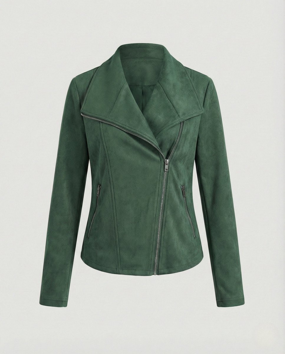 Women's Asymmetric Zip Biker Jacket with Wide Collar & Zip Pockets — Juliet