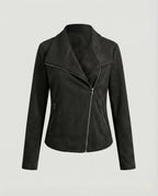 Women's Asymmetric Zip Biker Jacket with Wide Collar & Zip Pockets — Juliet