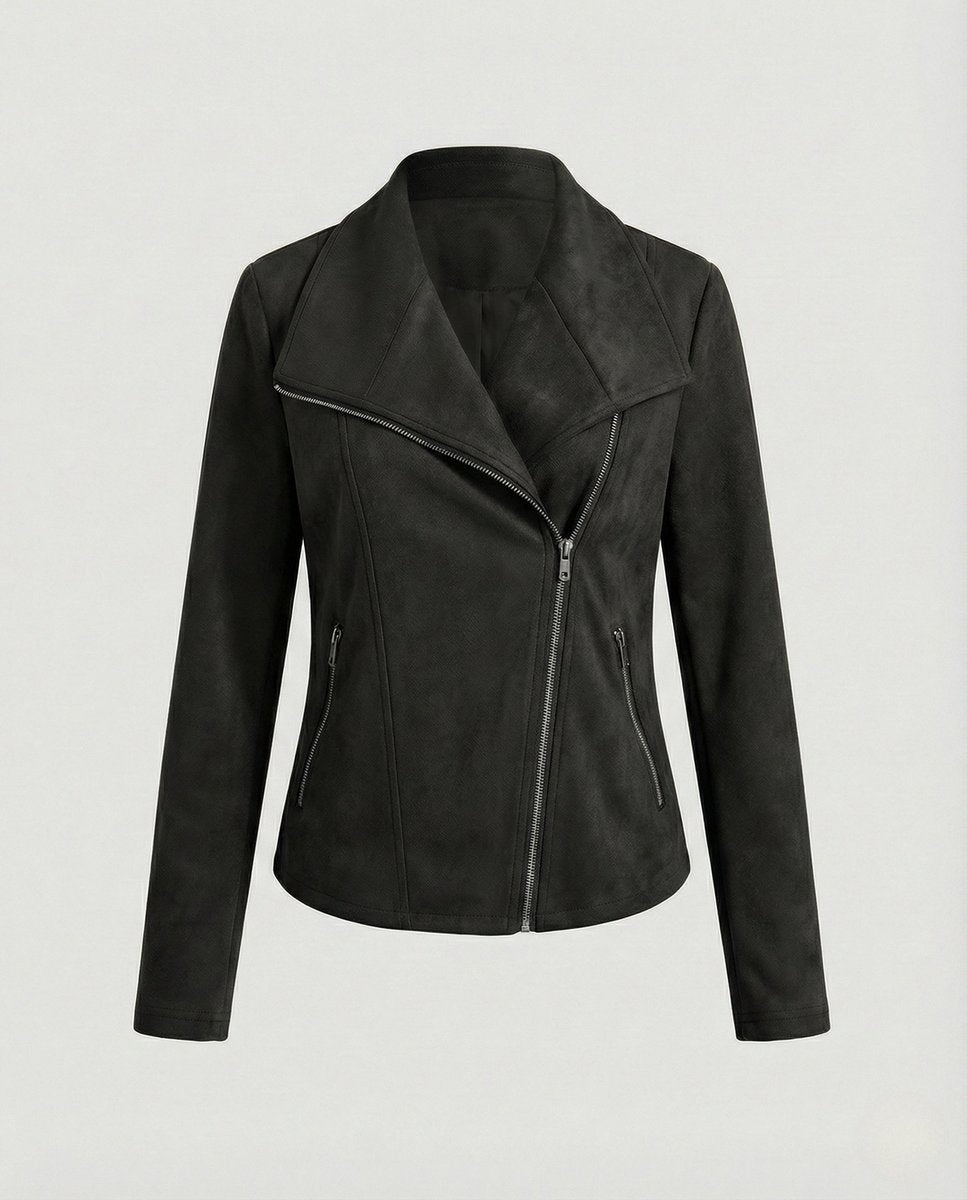 Women's Asymmetric Zip Biker Jacket with Wide Collar & Zip Pockets — Juliet