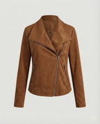 Women's Asymmetric Zip Biker Jacket with Wide Collar & Zip Pockets — Juliet