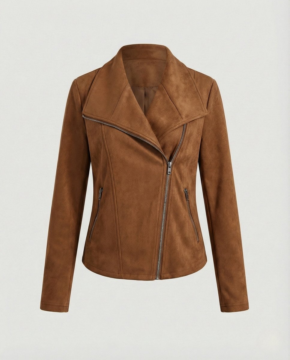 Women's Asymmetric Zip Biker Jacket with Wide Collar & Zip Pockets — Juliet