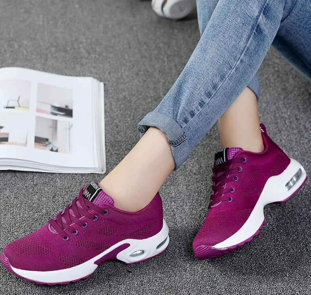 Purple Women's Lightweight Walking Shoes — Logan Athletic Cushioned Lace-Up - Seated Crossed Legs