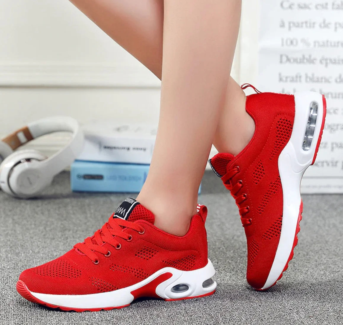 Red Women's Lightweight Walking Shoes — Logan Athletic Cushioned Lace-Up - Crossed Ankle Pose
