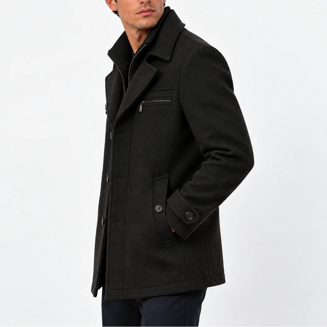 Men's Wool Blend Coat with Zip Collar & Button Closure - Side Profile