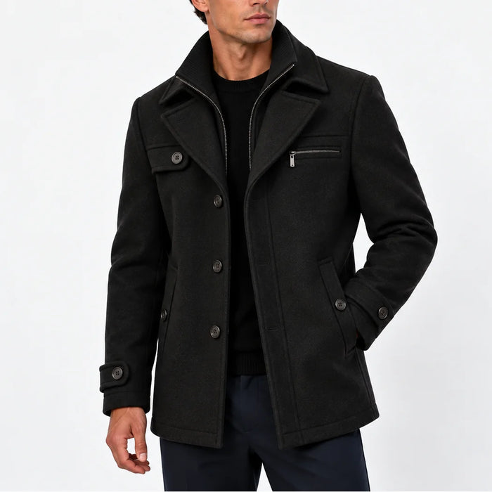 Black Men's Wool Blend Coat with Zip Collar & Button Closure — Finn