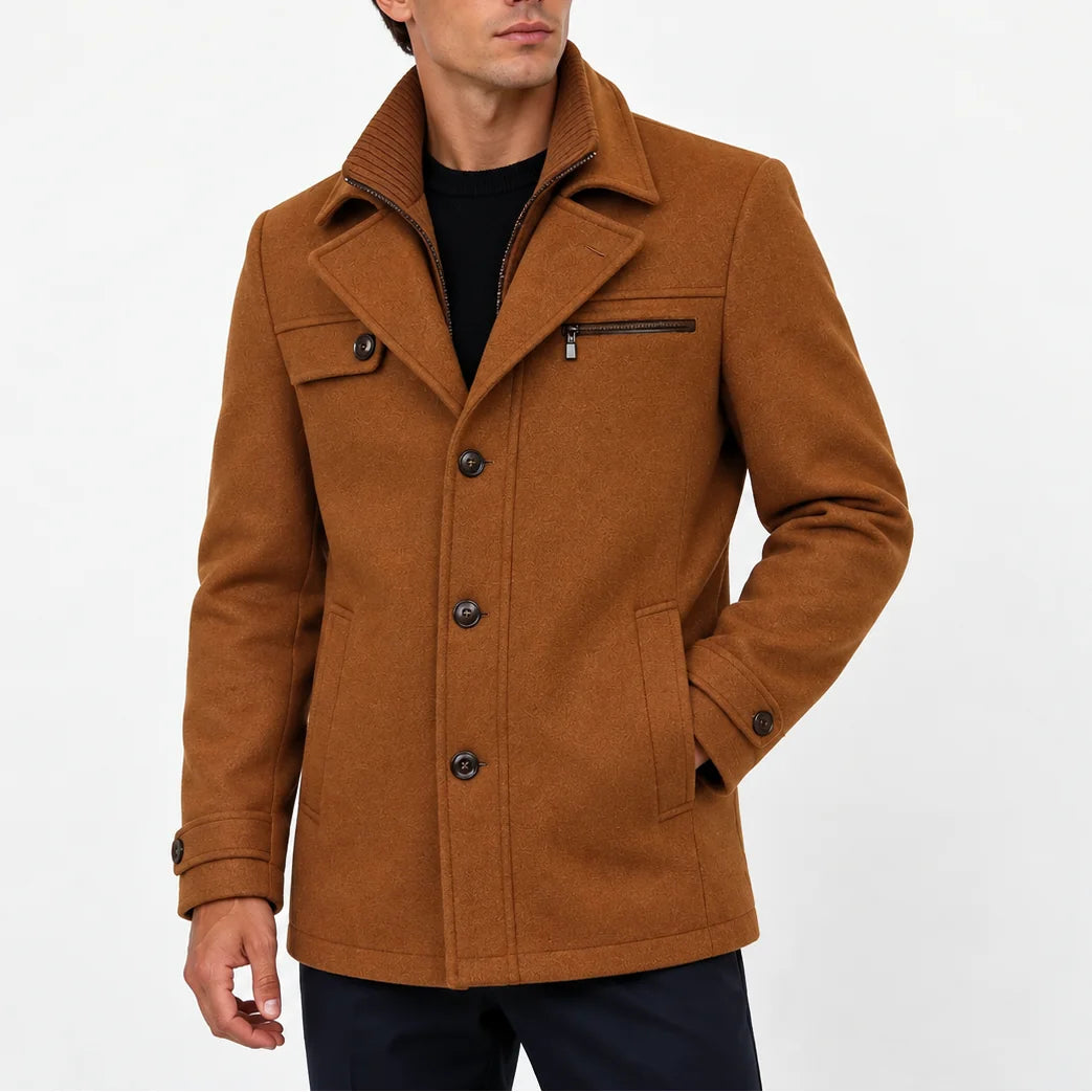 Brown Men's Wool Blend Coat with Zip Collar & Button Closure
