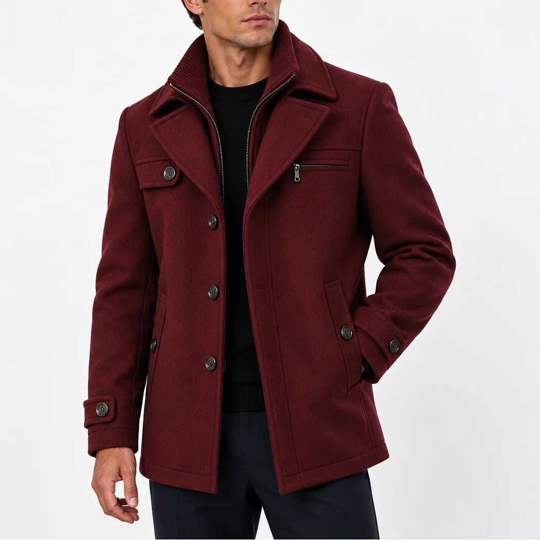 Burgundy Men's Wool Blend Coat with Zip Collar & Button Closure — Finn
