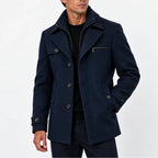Navy Men's Wool Blend Coat with Zip Collar & Button Closure