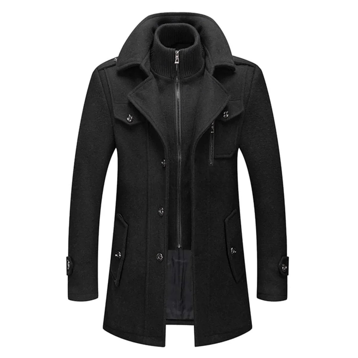 Black Men's Wool Winter Coat with Removable Knit Collar & Tailored Fit — Everett