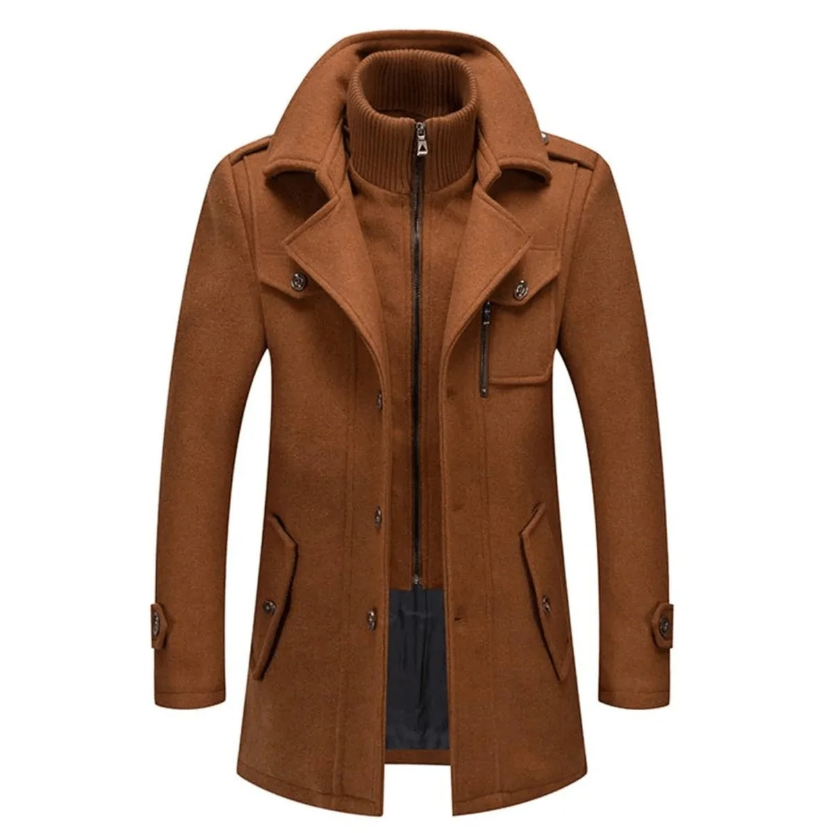 Brown Men's Wool Winter Coat with Removable Knit Collar & Tailored Fit — Everett