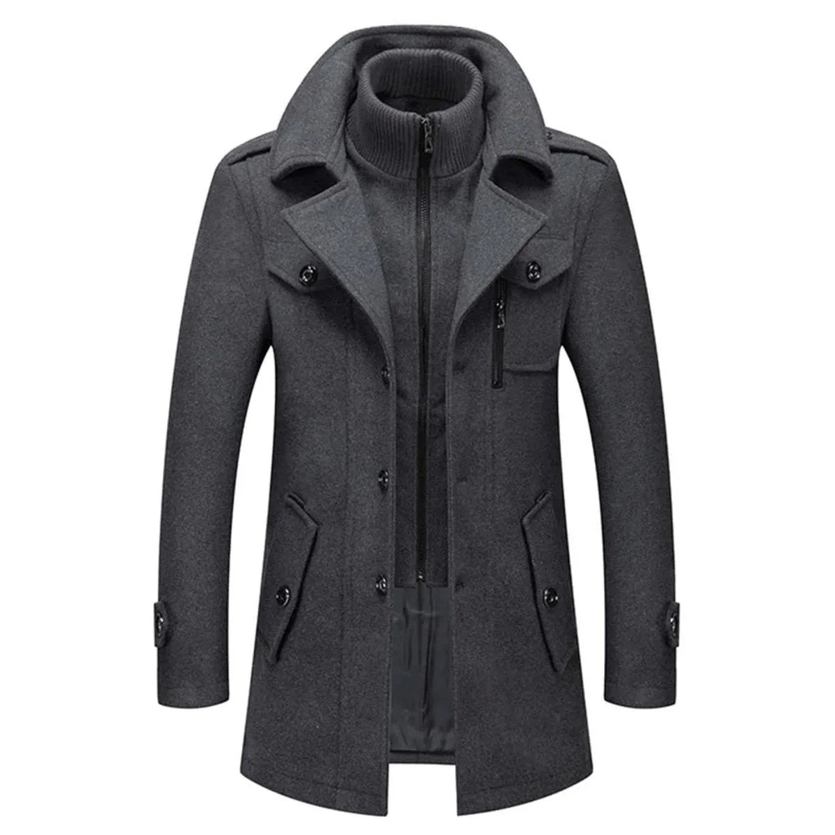 Grey Men's Wool Winter Coat with Removable Knit Collar & Tailored Fit — Everett