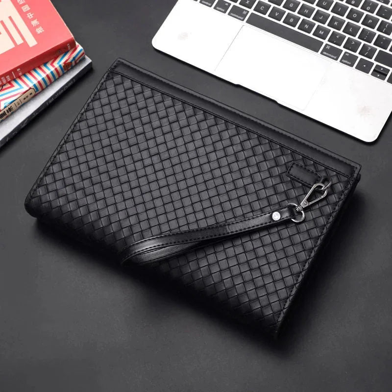 Black Women's Woven Faux Leather Clutch Bag with Wristlet Strap — Victoria - Side Angle