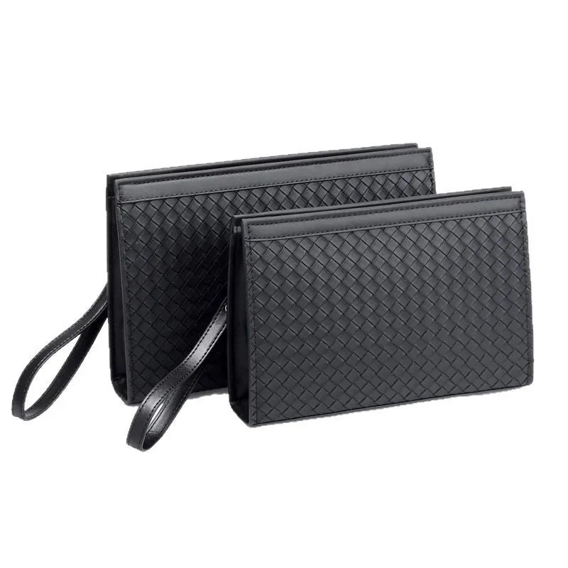Black Women's Woven Faux Leather Clutch Bag with Wristlet Strap — Victoria - Studio Flat Lay