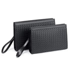 Black Women's Woven Faux Leather Clutch Bag with Wristlet Strap — Victoria - Studio Side View