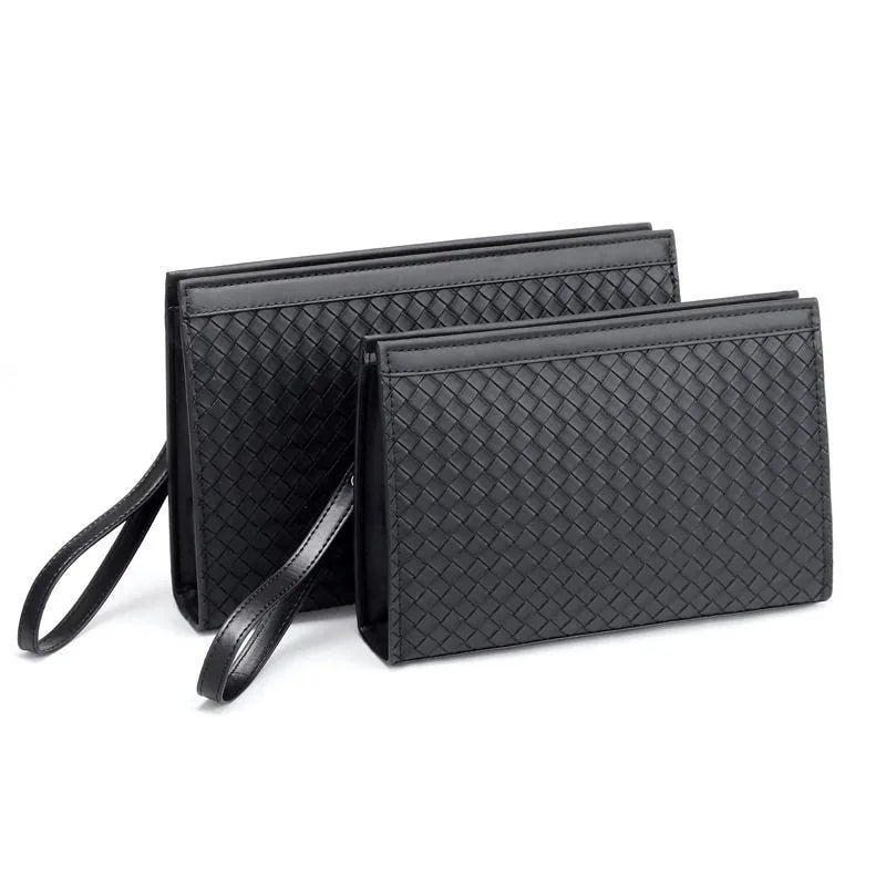Black Women's Woven Faux Leather Clutch Bag with Wristlet Strap — Victoria - Studio Side View