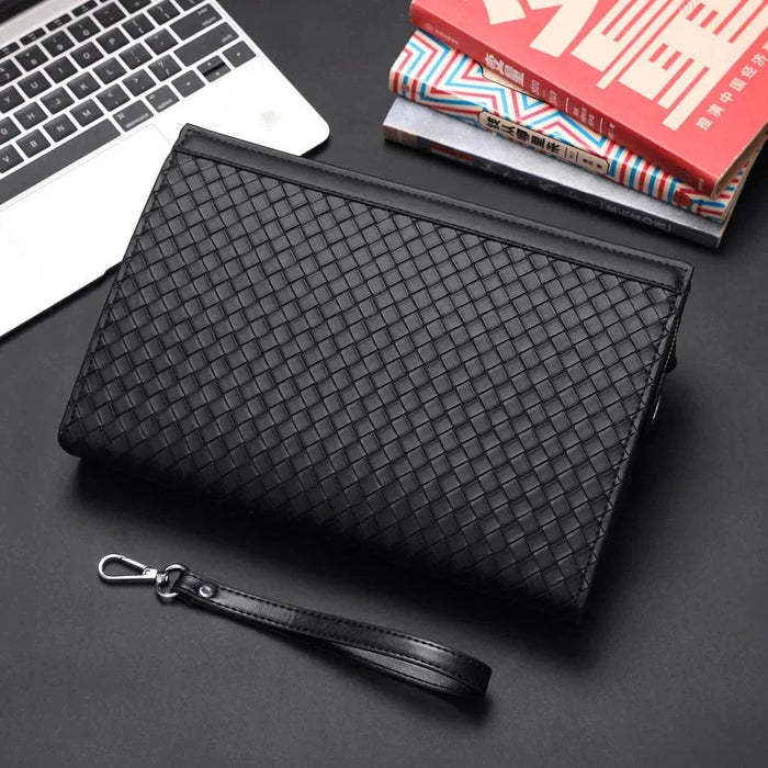 Black Women's Woven Faux Leather Clutch Bag with Wristlet Strap — Victoria