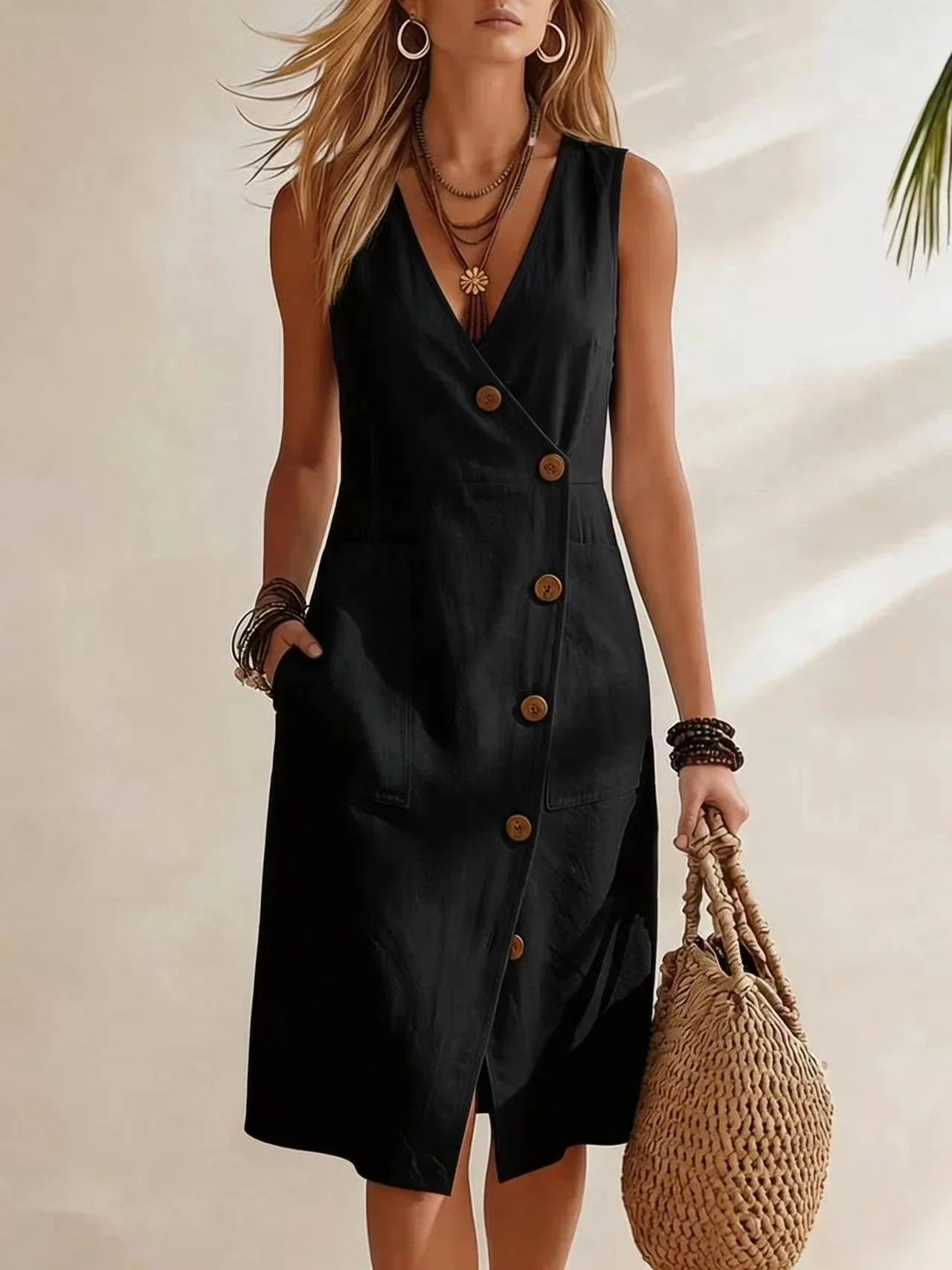 Black Women's Button-Front Wrap Midi Dress — Jade Lightweight Pocket Casual - Front Closeup
