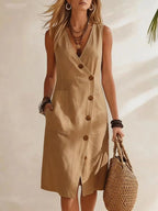Khaki Women's Button-Front Wrap Midi Dress — Jade Lightweight Pocket Casual - Front Walking