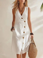 White Women's Button-Front Wrap Midi Dress — Jade Lightweight Pocket Casual - Front Studio