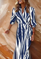 Navy Blue Women's Long Sleeve Wrap Midi Dress with Tie-Waist & Relaxed Fit — Vera