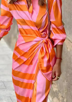 Orange Women's Long Sleeve Wrap Midi Dress with Tie-Waist & Relaxed Fit — Vera - Close Up Waist Detail