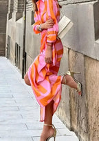 Orange Women's Long Sleeve Wrap Midi Dress with Tie-Waist & Relaxed Fit — Vera - Side Leg Pose