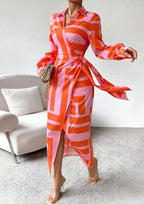 Orange Women's Long Sleeve Wrap Midi Dress with Tie-Waist & Relaxed Fit — Vera - Walking Pose