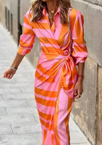Orange Women's Long Sleeve Wrap Midi Dress with Tie-Waist & Relaxed Fit — Vera - Walking Street