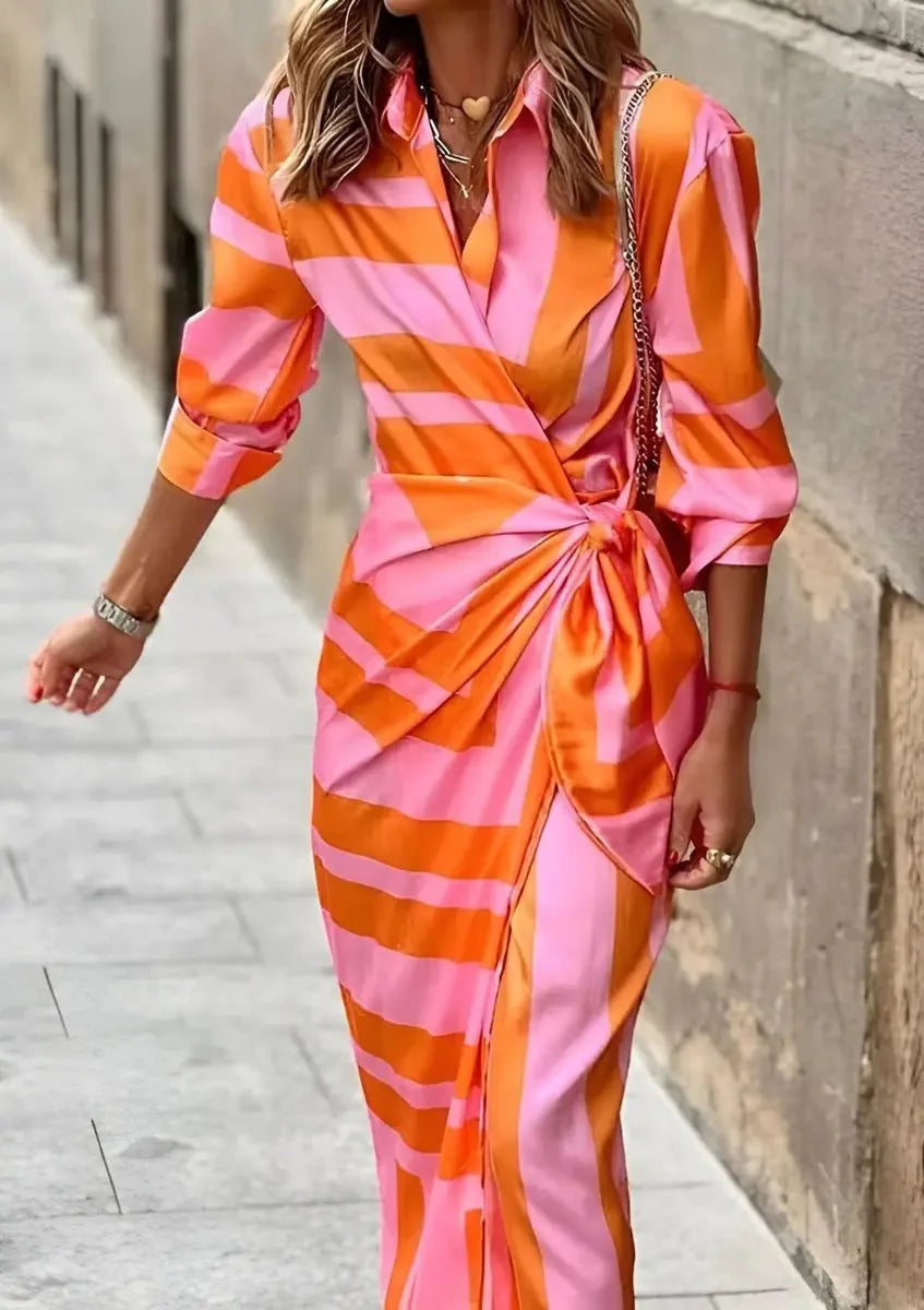 Orange Women's Long Sleeve Wrap Midi Dress with Tie-Waist & Relaxed Fit — Vera - Walking Street