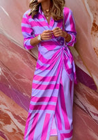 Purple Women's Long Sleeve Wrap Midi Dress with Tie-Waist & Relaxed Fit