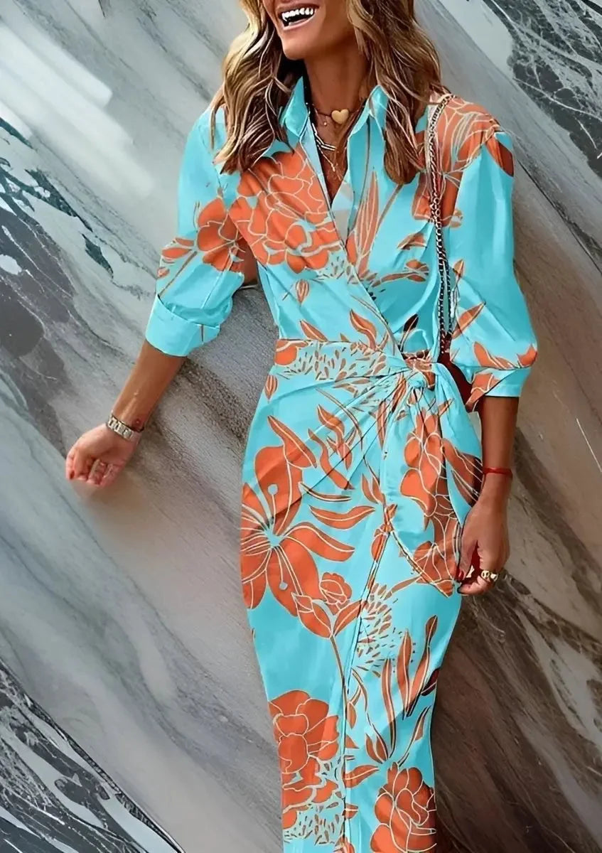 Turquoise Women's Long Sleeve Wrap Midi Dress with Tie-Waist & Relaxed Fit — Vera