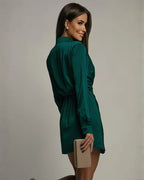 Women's Wrap Mini Dress with Collared Neckline & Long Sleeves - Green Side Back Pose