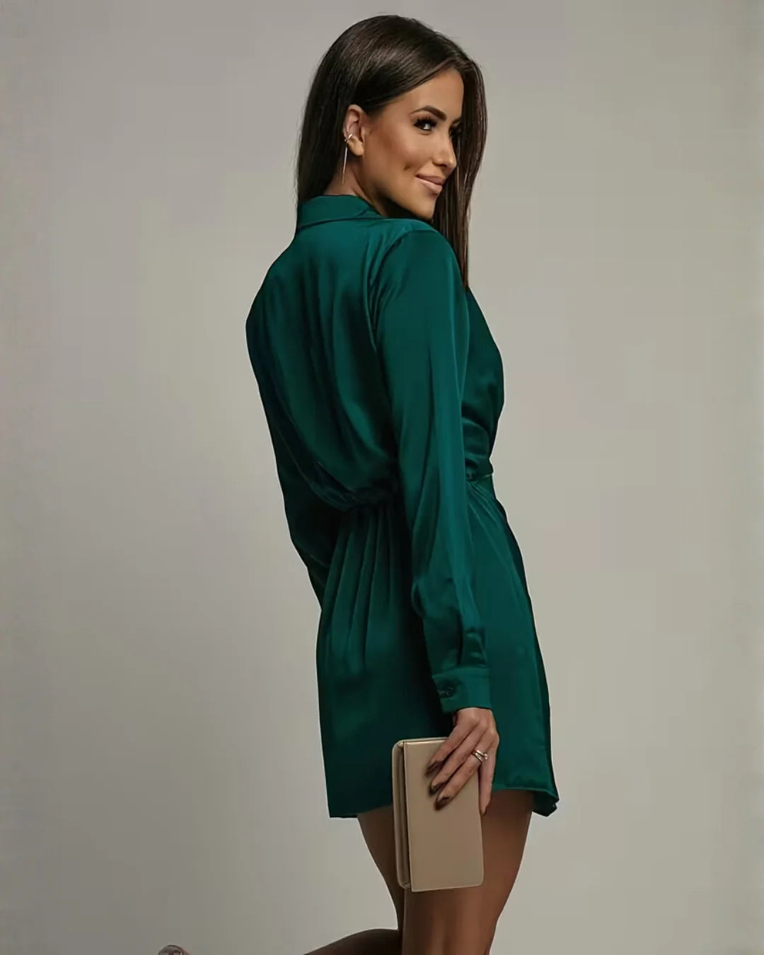Women's Wrap Mini Dress with Collared Neckline & Long Sleeves - Green Side Back Pose
