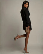 Women's Wrap Mini Dress with Collared Neckline & Long Sleeves - Back Pose Heel Kick