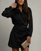 Women's Wrap Mini Dress with Collared Neckline & Long Sleeves