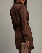 Women's Wrap Mini Dress with Collared Neckline & Long Sleeves - Back Detail