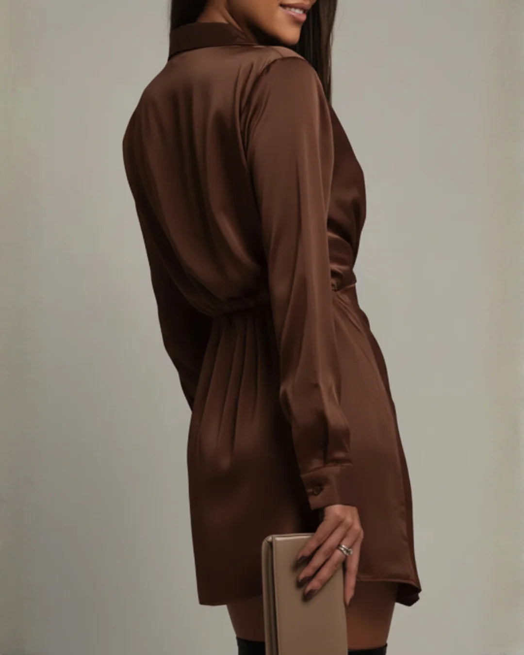 Women's Wrap Mini Dress with Collared Neckline & Long Sleeves - Back Detail