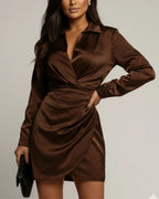 Women's Wrap Mini Dress with Collared Neckline & Long Sleeves